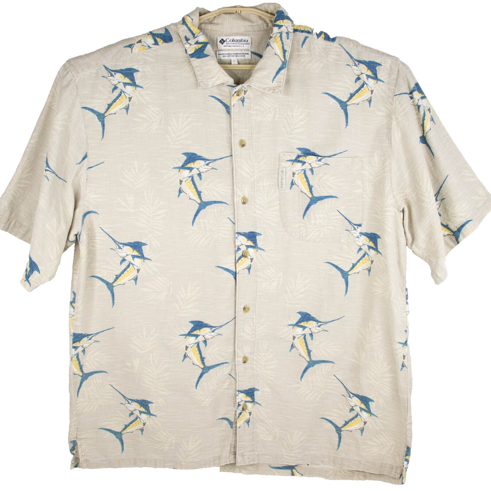 Columbia Beige Marlin Print Short Sleeve Button Up Cotton Shirt Mens SIZE L